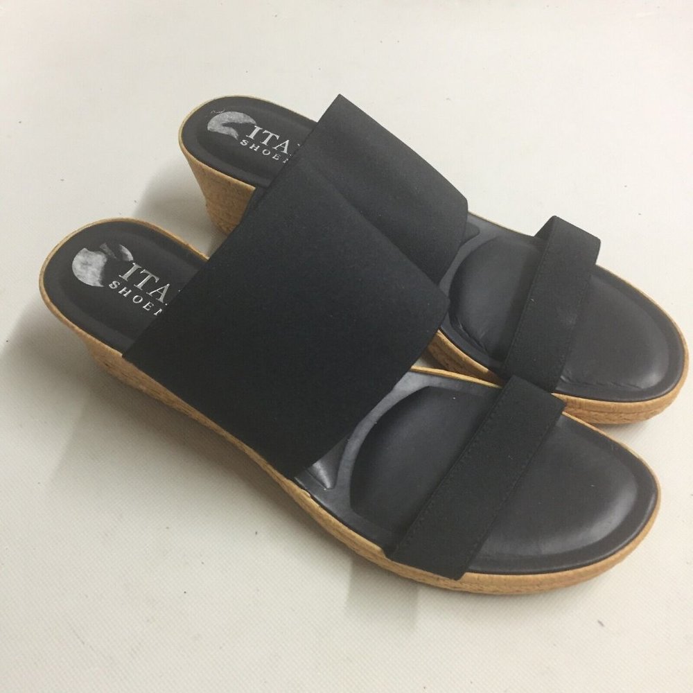 Italian Shoemakers Made In Italy Black Slip On Slide Shoes Wedge Heels Size 10